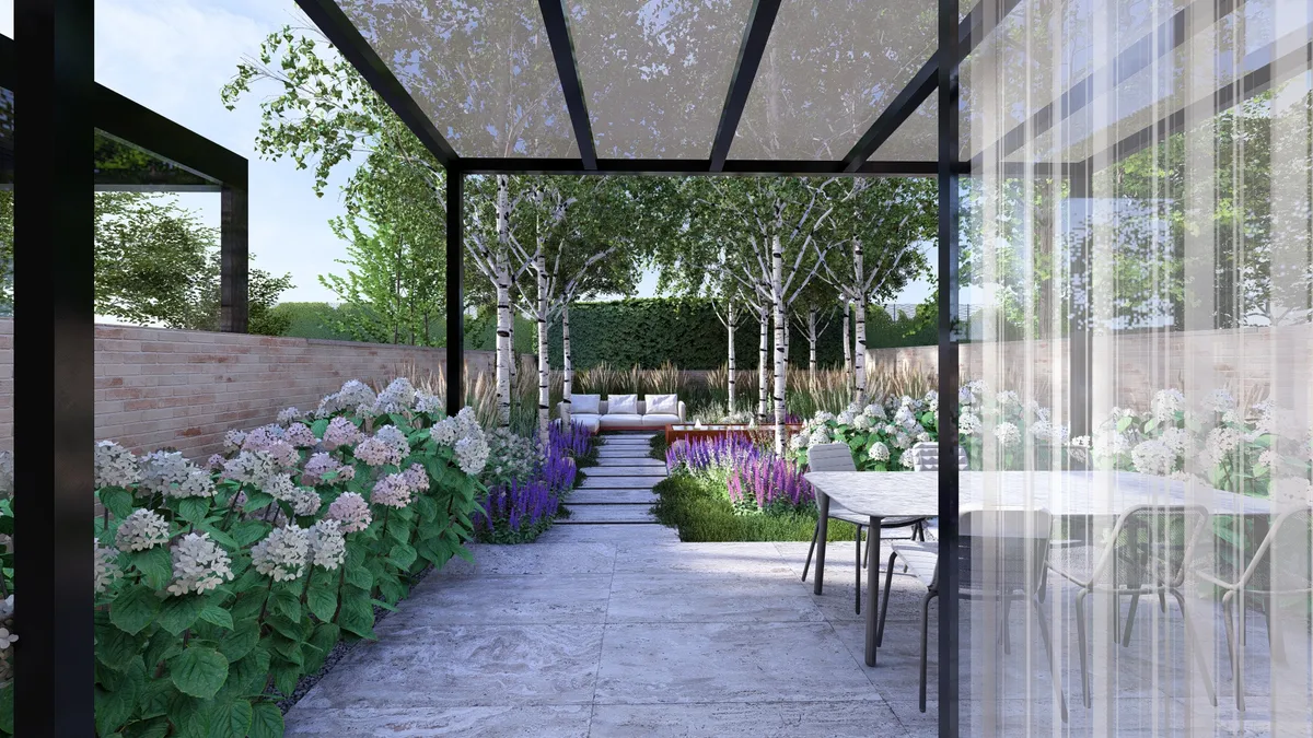 Dvorek bez trávníku — pohledová osa