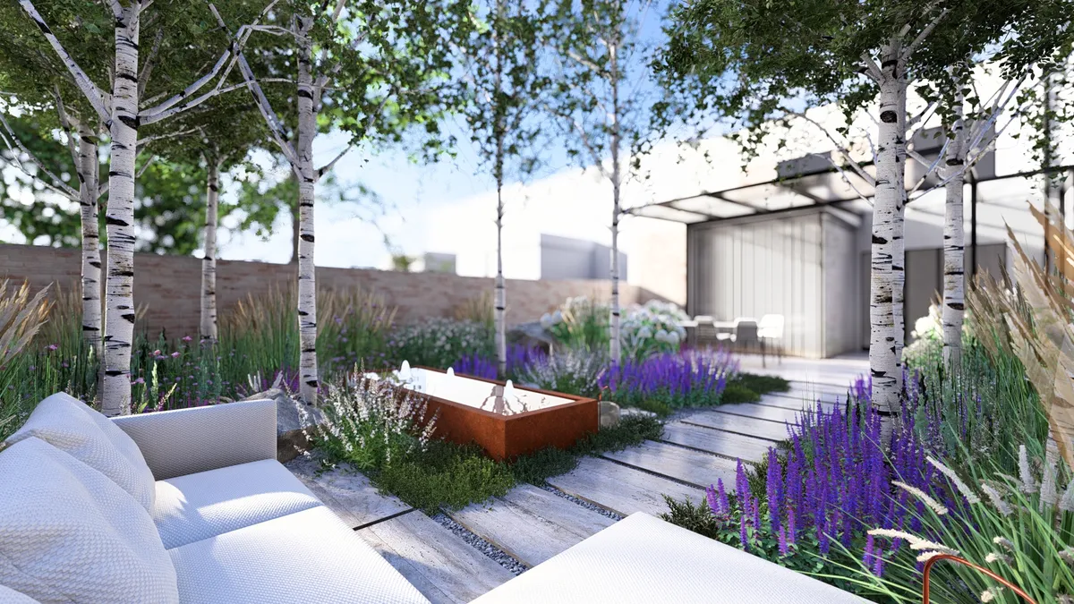 Dvorek s posezením u vodního prvku