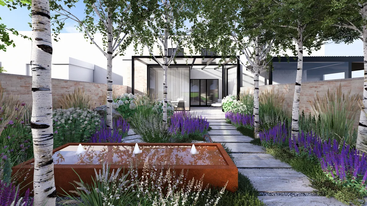 Zahrada s trvalkami a vodním prvkem