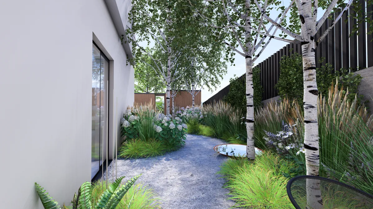 Moderni zahrada stinny kout brezovy hajek