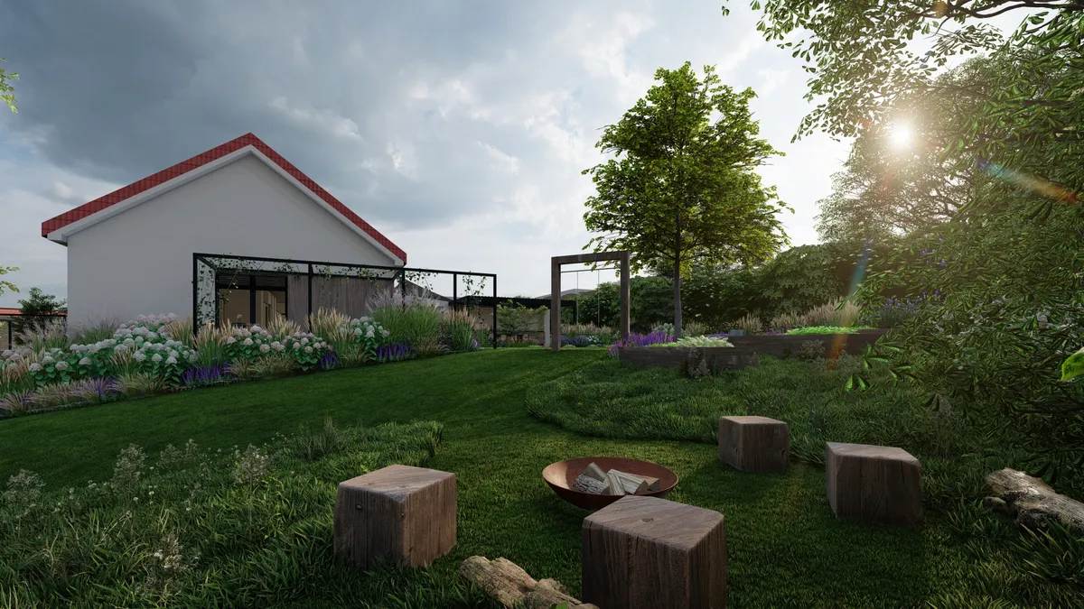 Ohniste a vyvysene zahony v prirodni casti zahrady