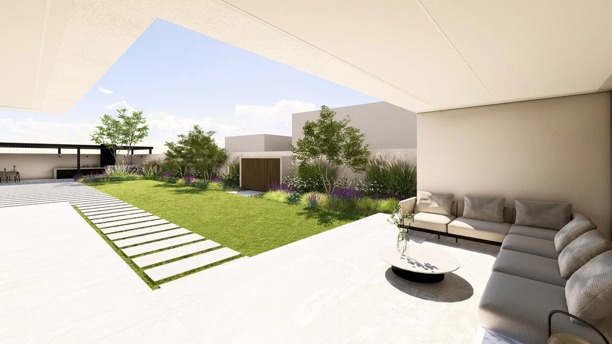 Velkoryse posezeni minimalisticka zahrada