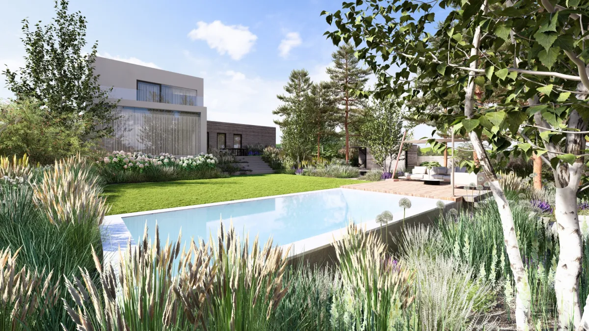 Zahrada se saunou pod borovicemi bazen3