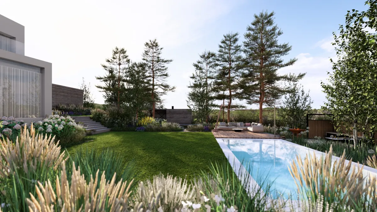 Zahrada se saunou pod borovicemi centralni pobytova terasa2