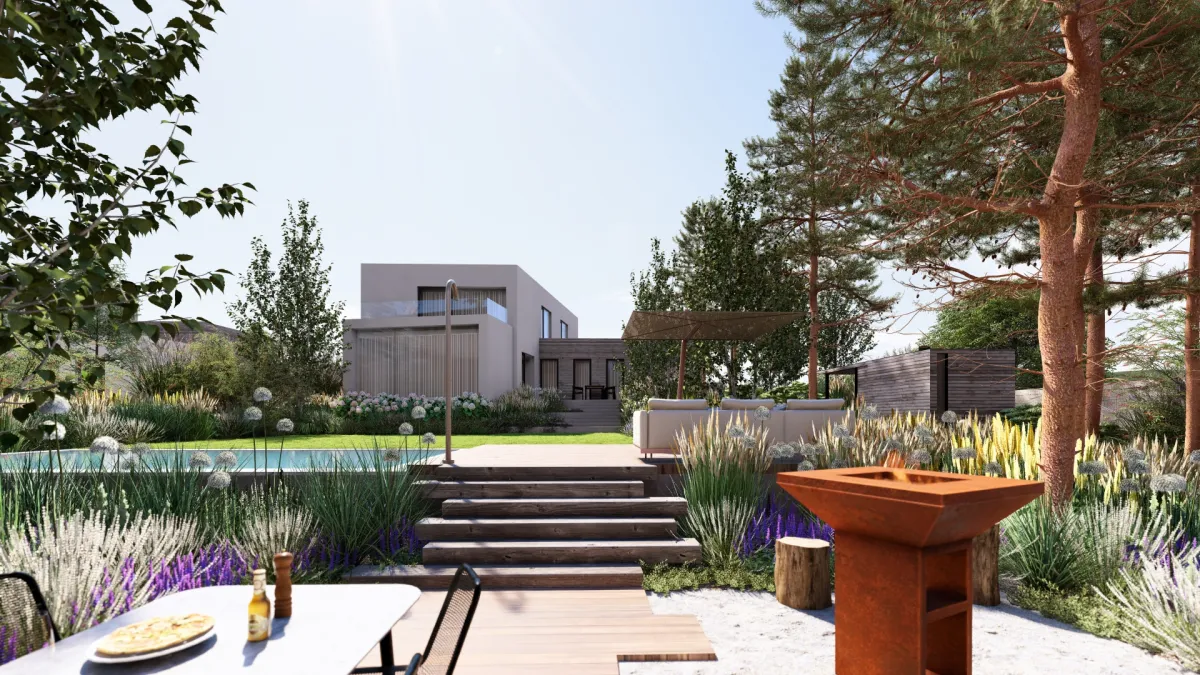 Zahrada se saunou pod borovicemi ohniste6