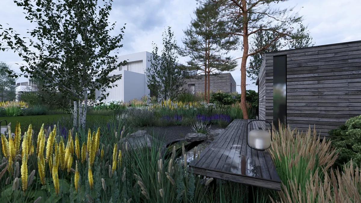 Zahrada se saunou pod borovicemi sauna7