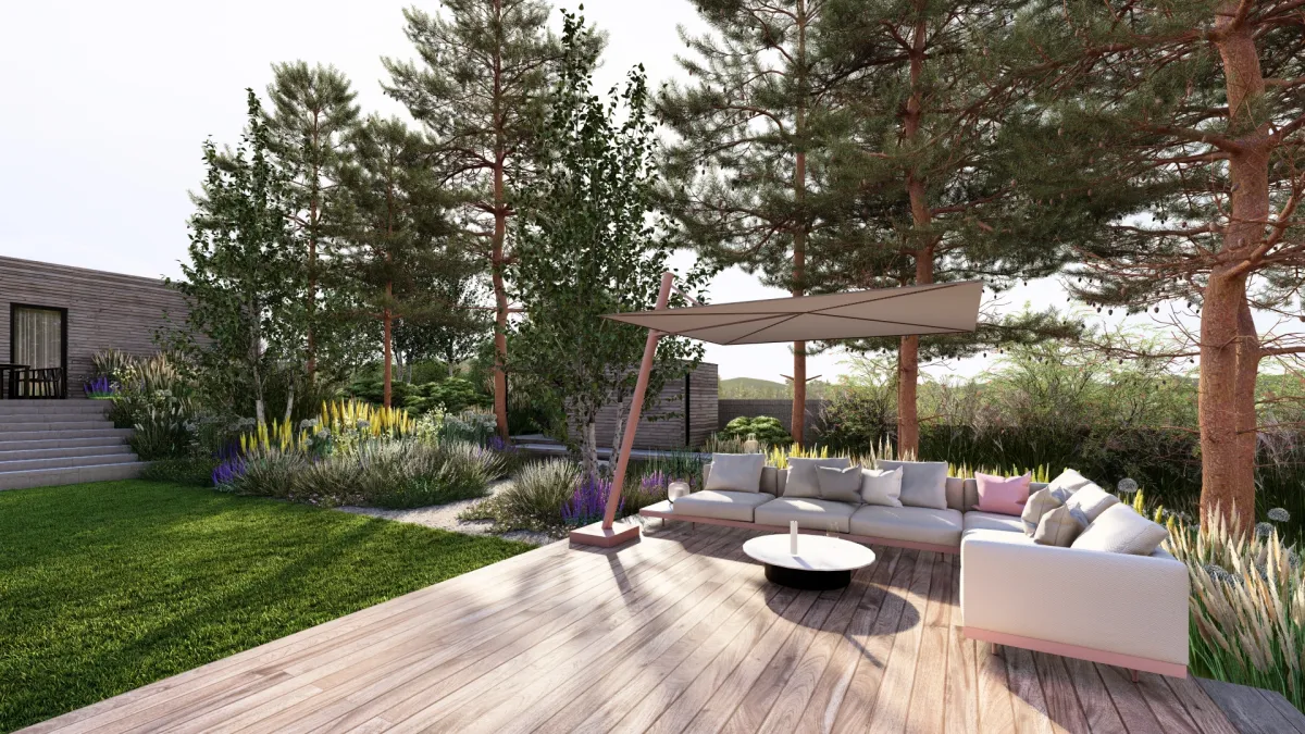 Zahrada se saunou pod borovicemi terasa u bazenu4