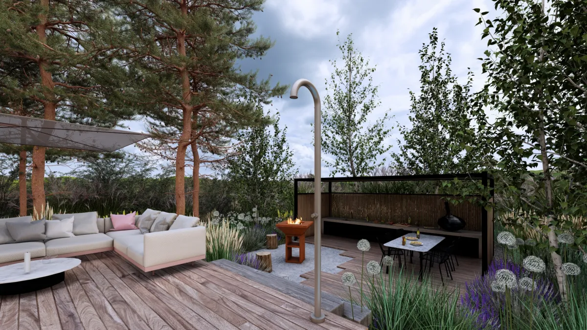 Zahrada se saunou pod borovicemi zahradni kuchyn5